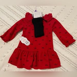 Baby girl red dress with matching footed tights.